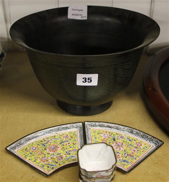 Chinese bronze bowl & Canton enamel items